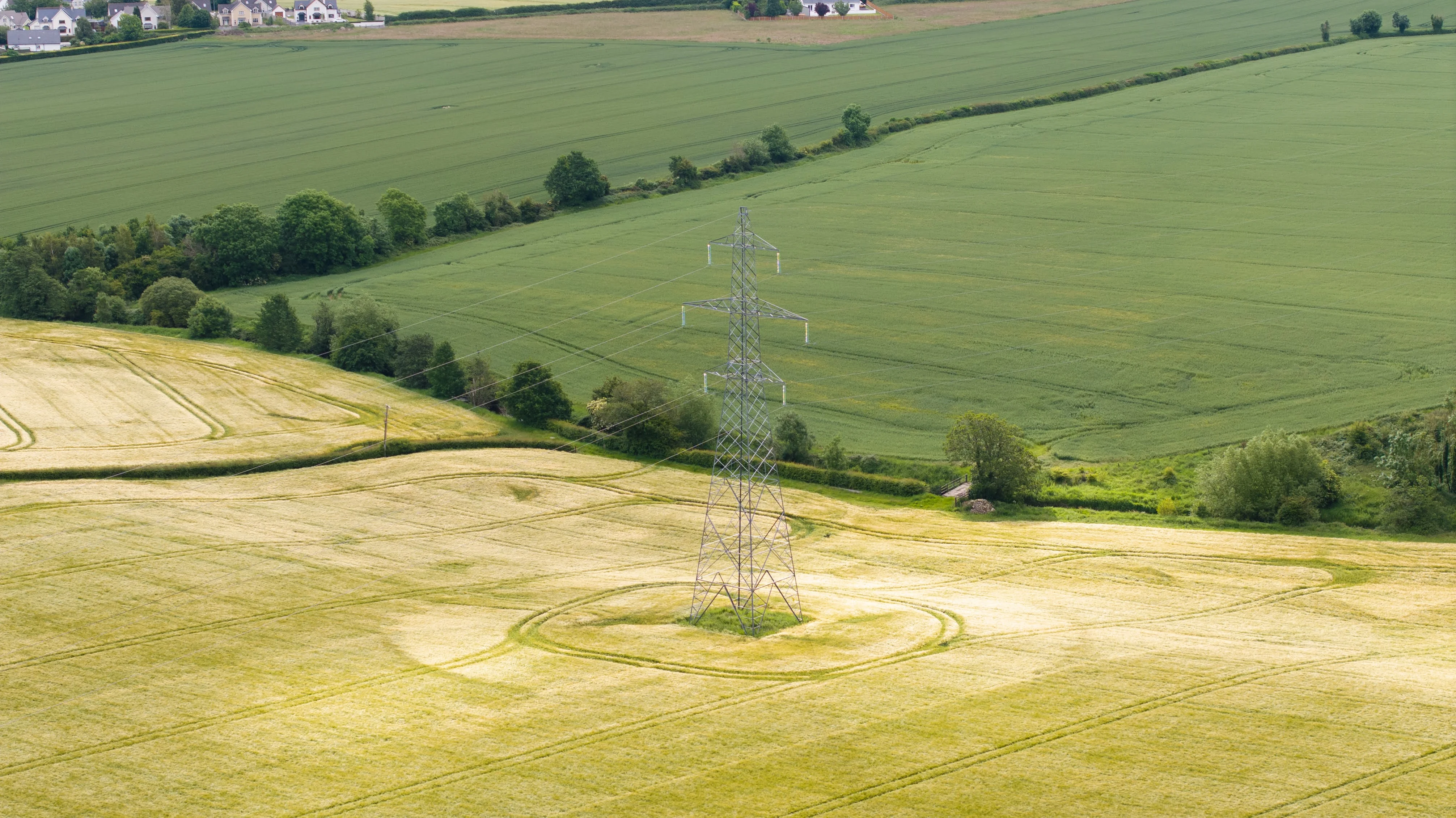 Top-down aerial view of electricity pylon with tree in crop field
