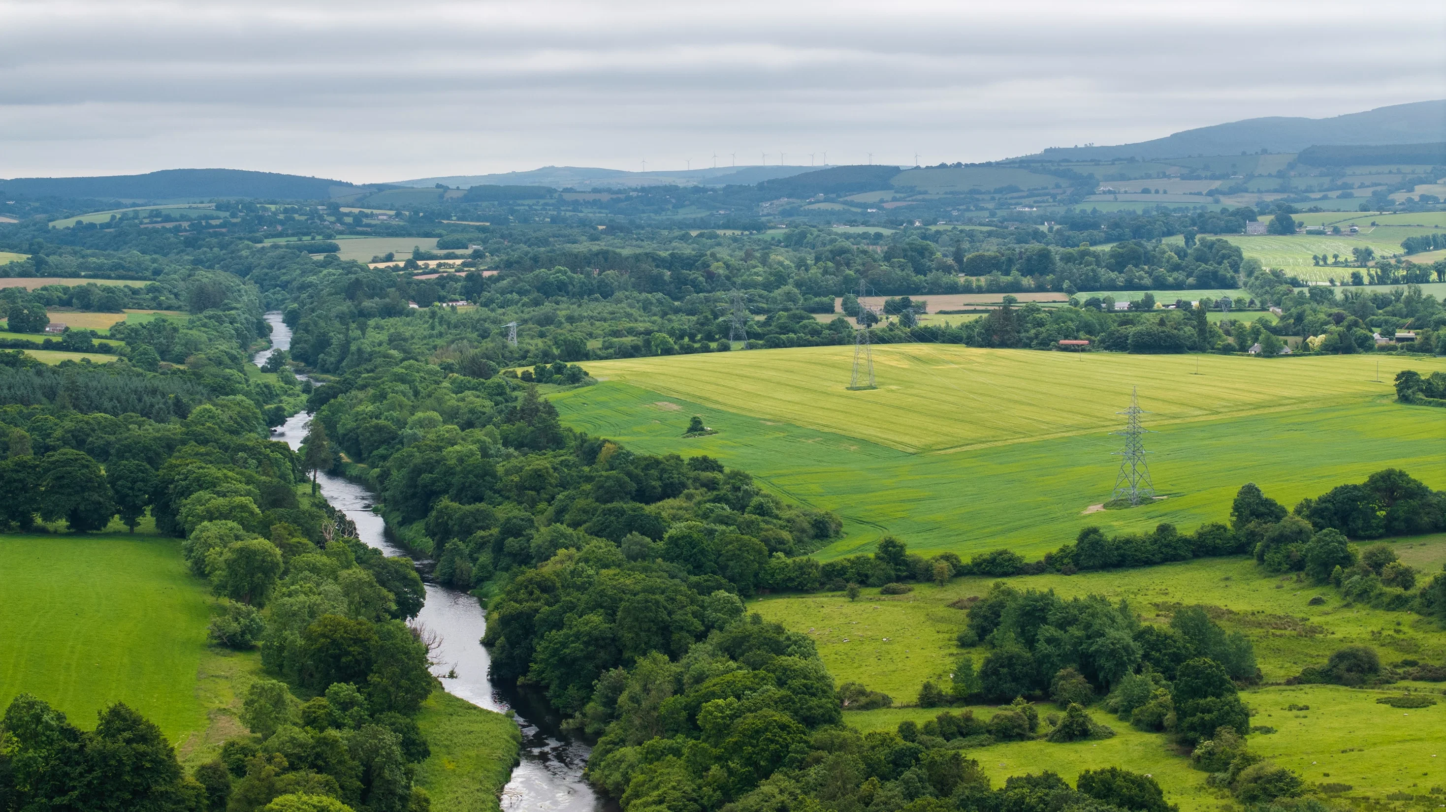 Aerial view of river valley and farmland near Rathoe, Co. Carlow