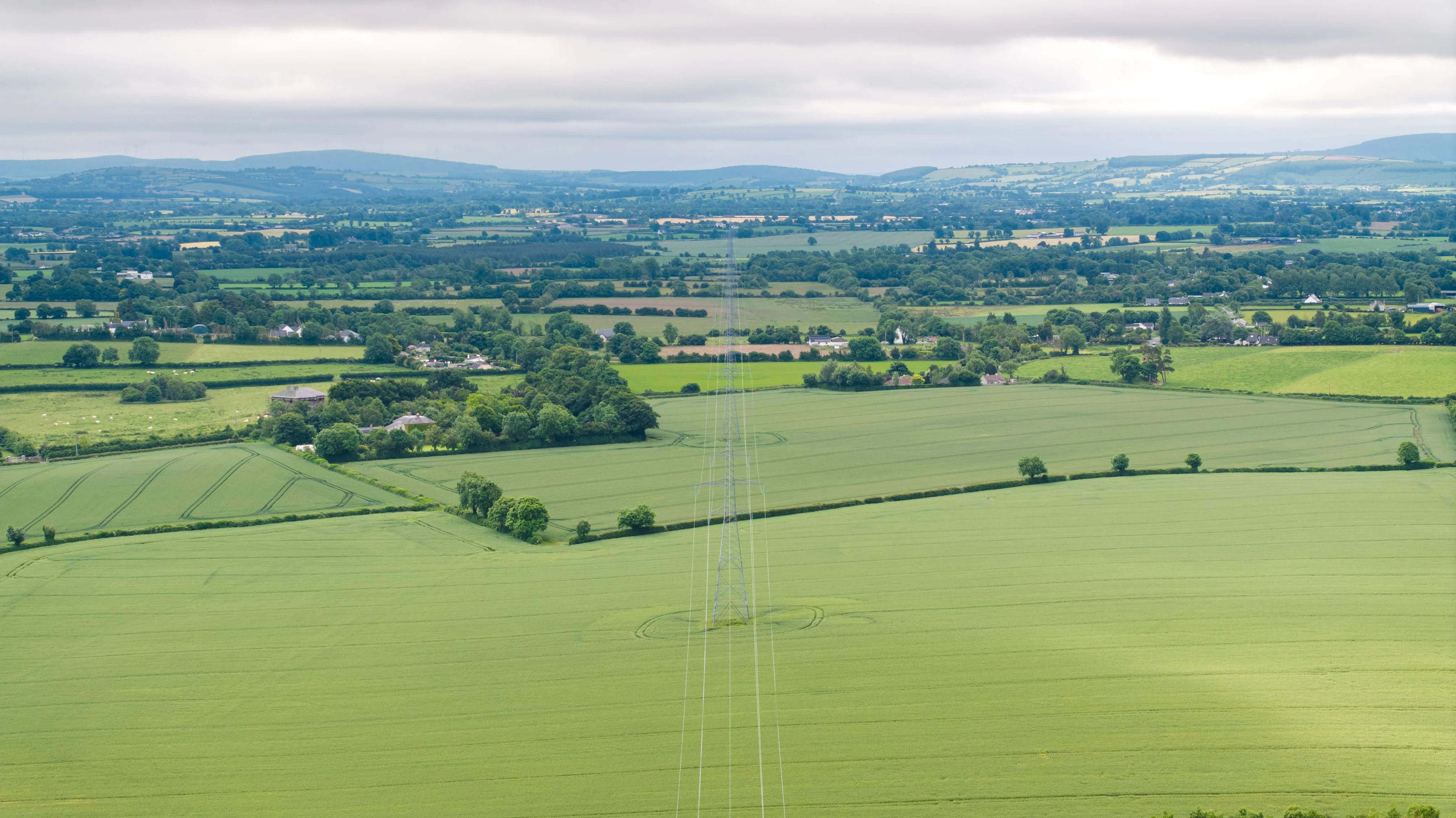 Aerial view of farmland with electricity transmission pylon, Co. Carlow